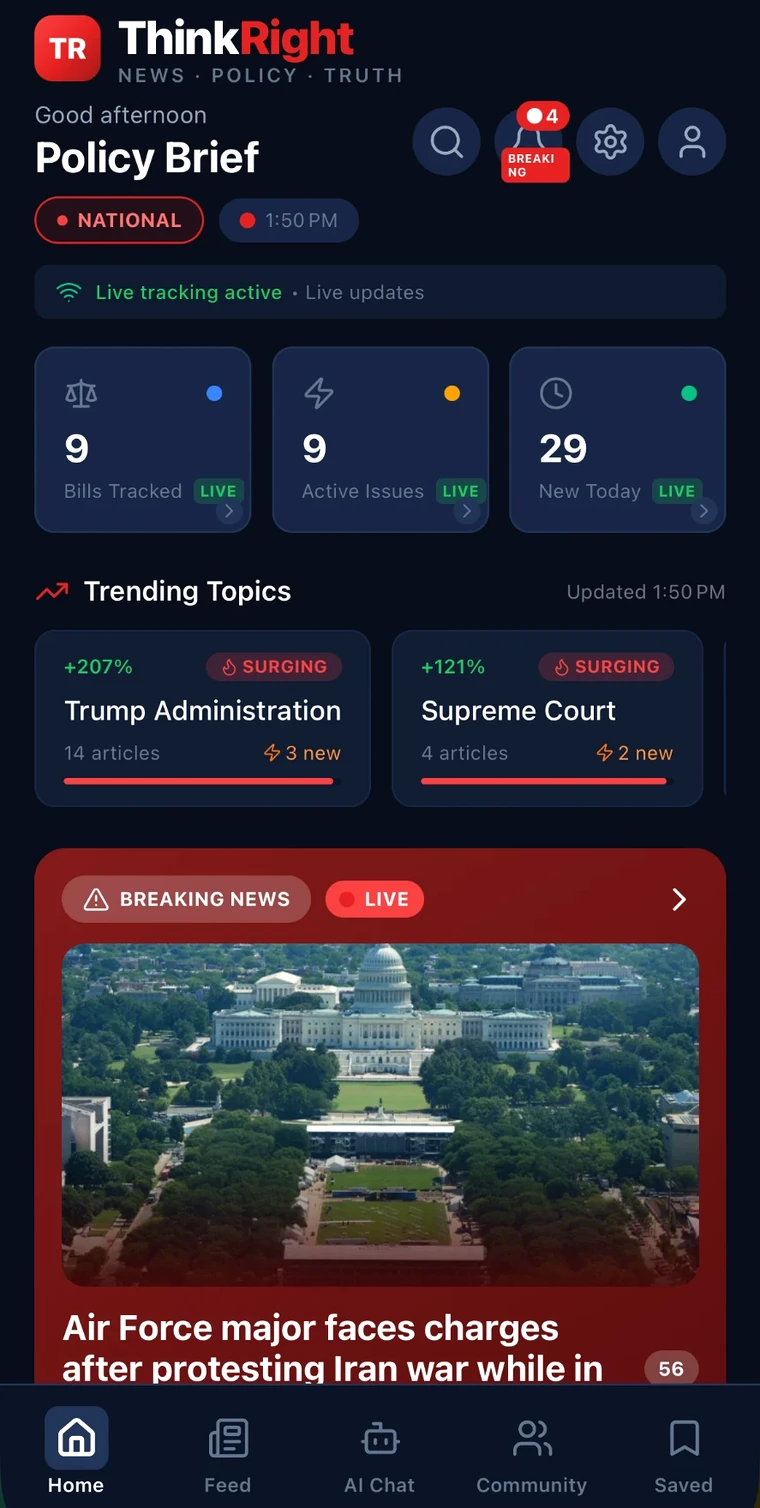 Think Right mobile app home screen showing live updates, ranked topics, breaking stories, and community navigation